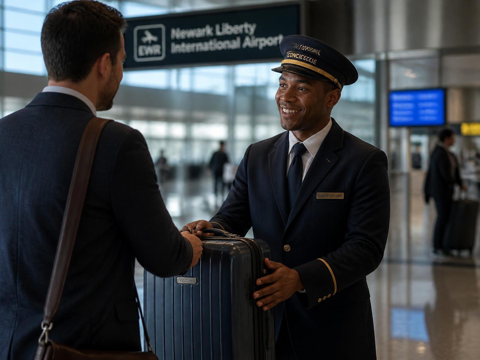 StarLux luggage concierge greeting a traveler at Newark Liberty International Airport